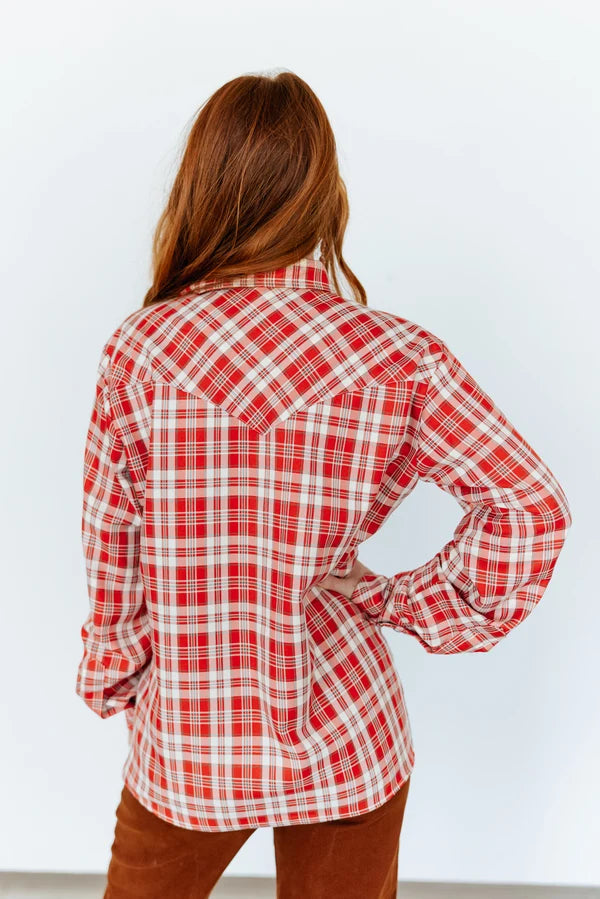 Red Plaid Pearl Snap Top