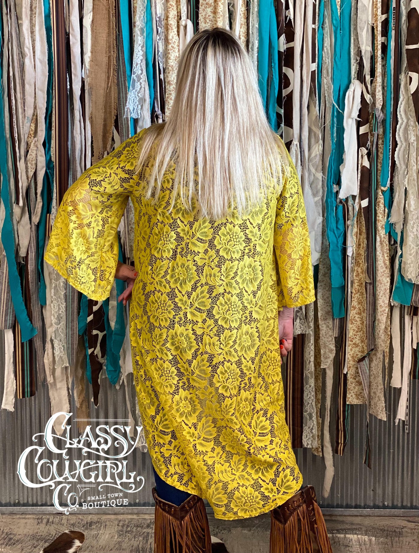 SALE L&B Mustard Floral Lace Kimono with 3/4 Sleeve