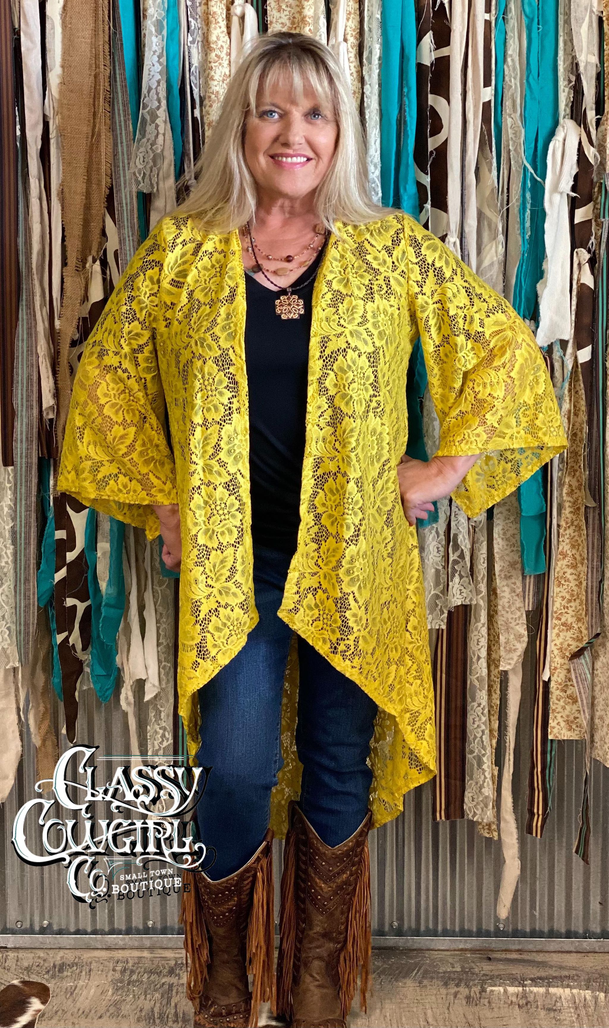 SALE L&B Mustard Floral Lace Kimono with 3/4 Sleeve