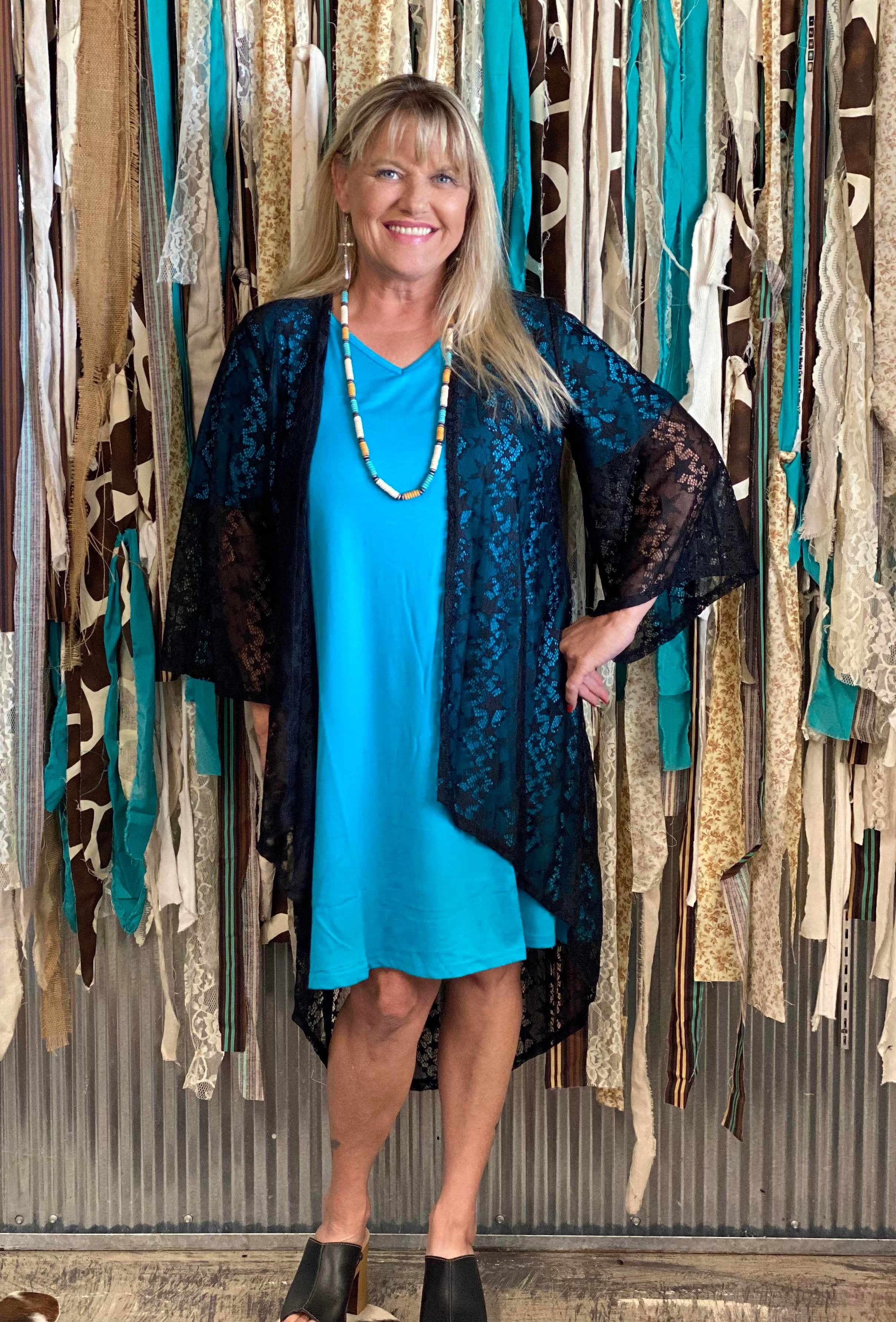 SALE- L&B Black Star Lace 3/4 Sleeve Kimono