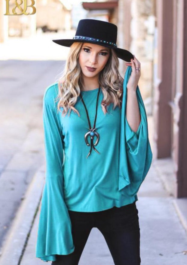 SALE- L&B Turquoise Bell Sleeve Top