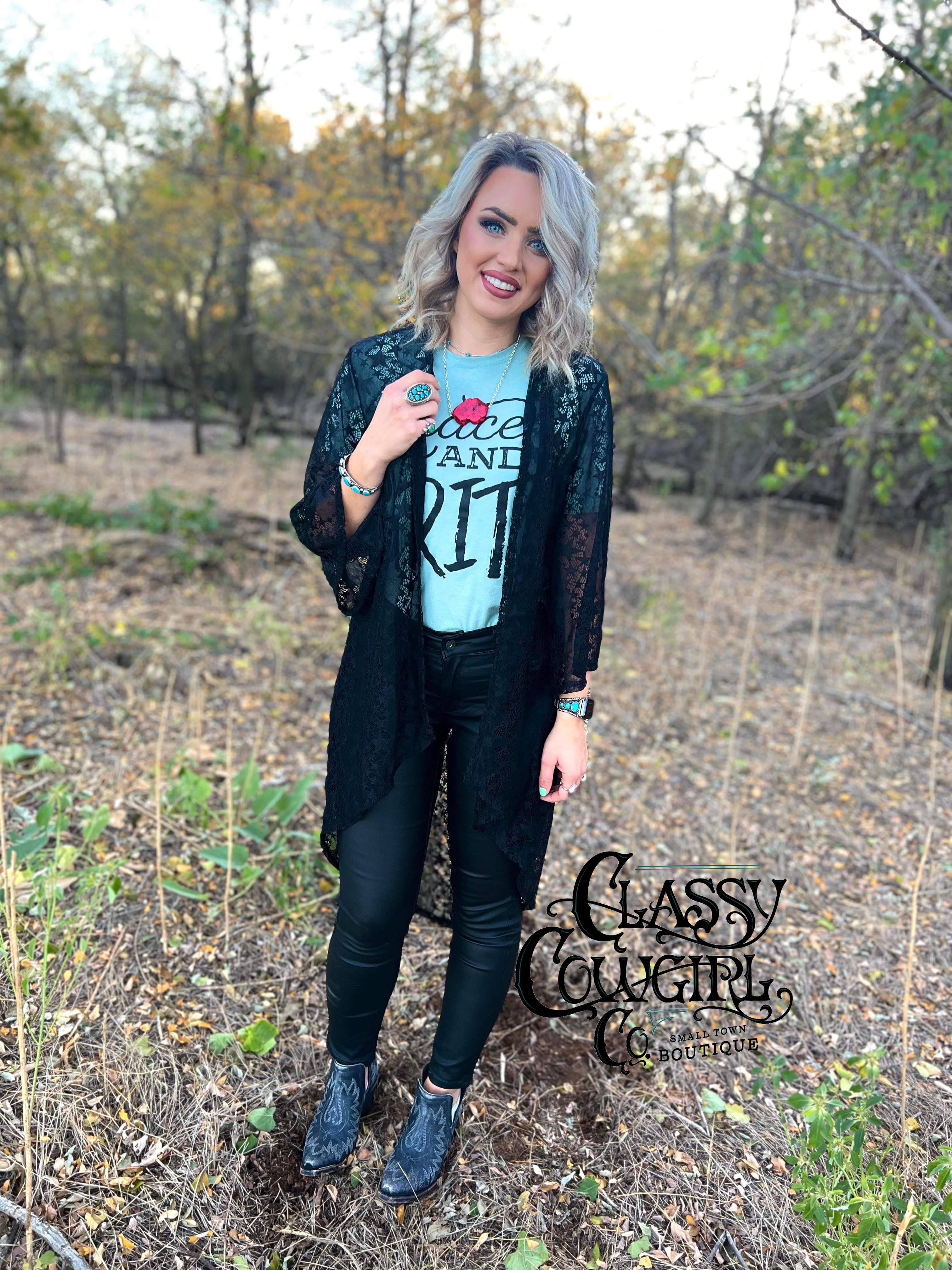 SALE- L&B Black Star Lace 3/4 Sleeve Kimono