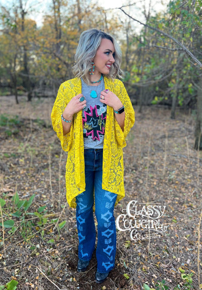 SALE L&B Mustard Floral Lace Kimono with 3/4 Sleeve
