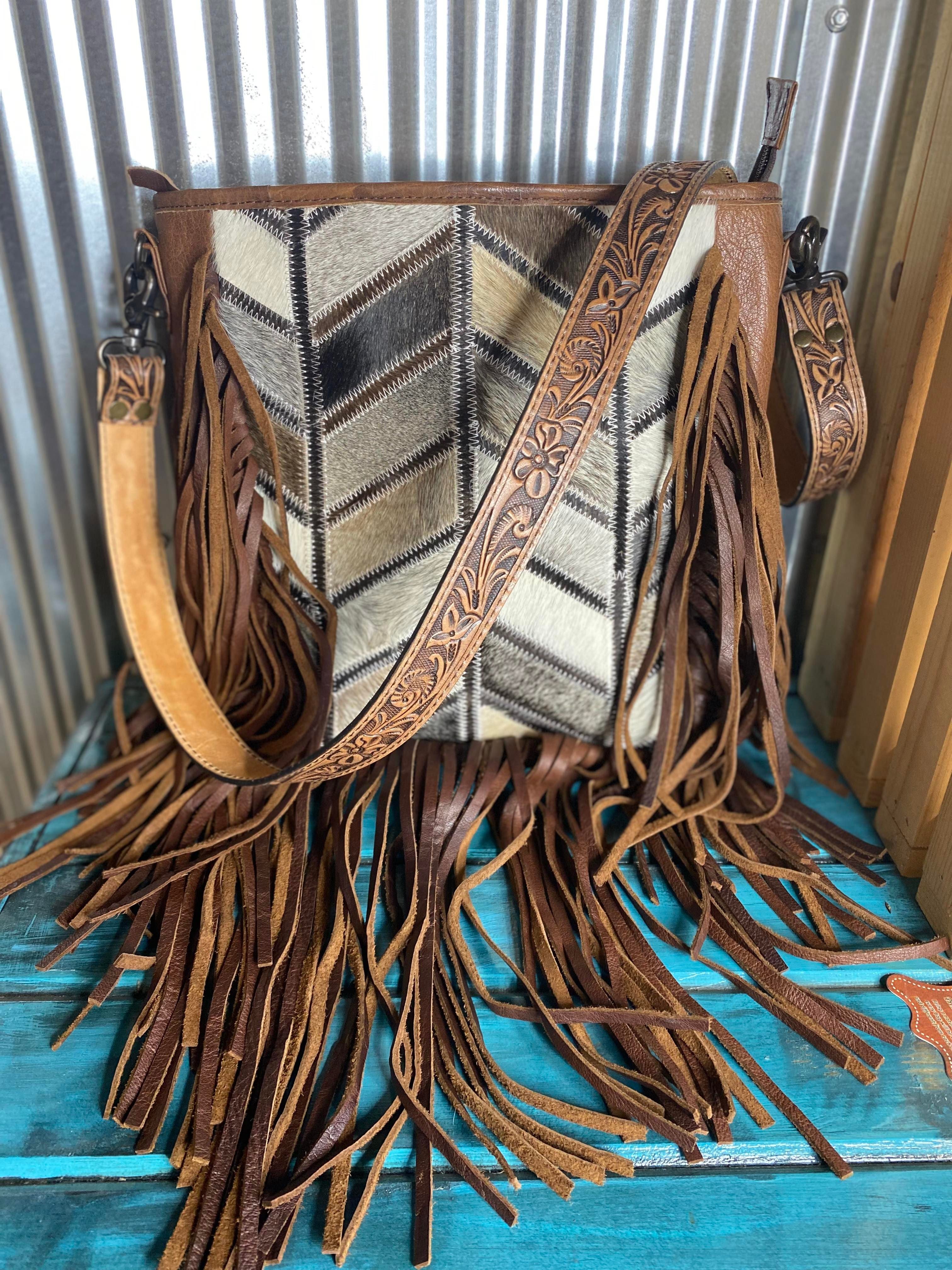 Western Fringe Purse in Native Wool and Leather Cowgirl 