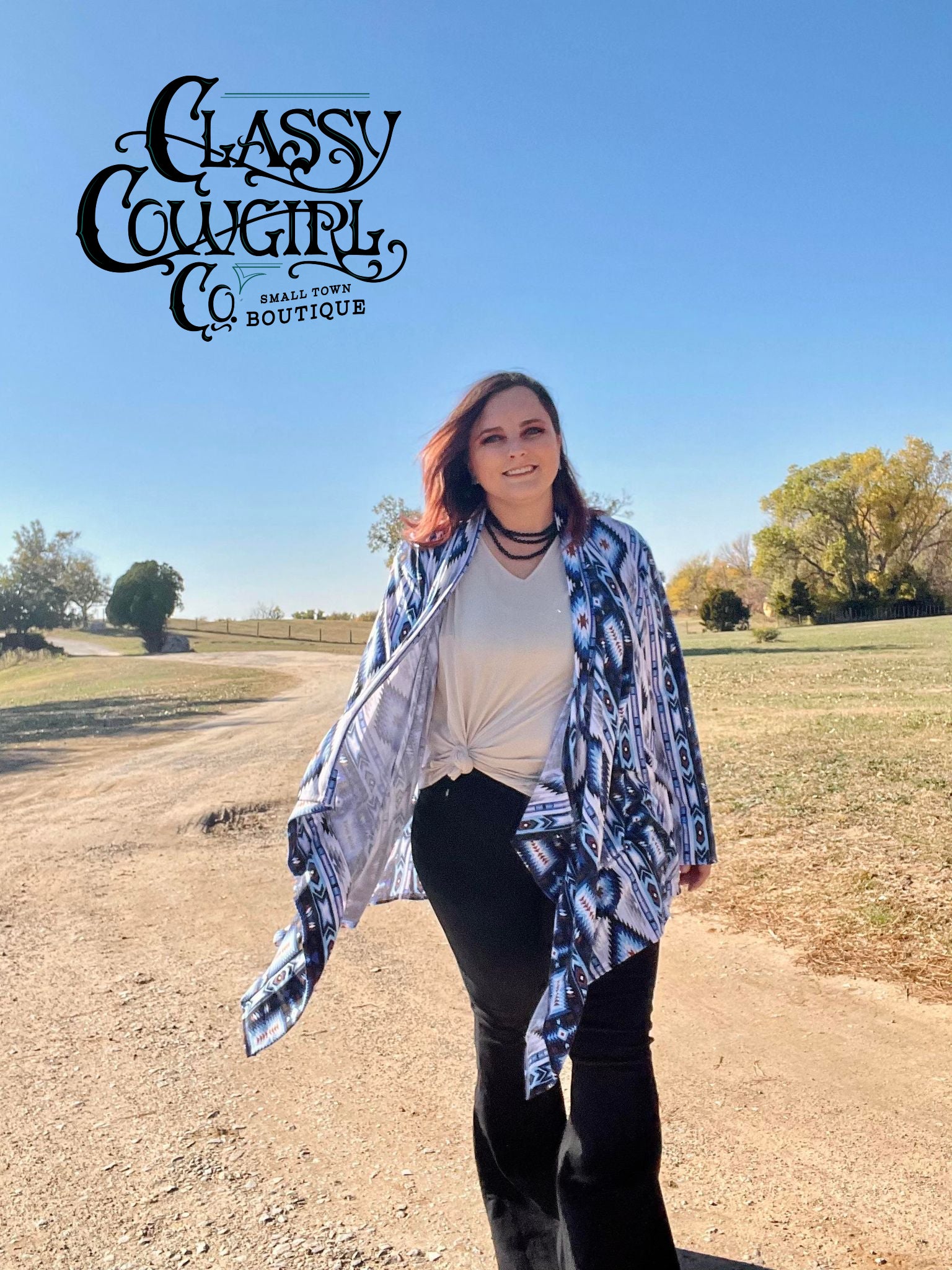 SALE- Classy Cowgirl Blue Aztec Waterfall Cardigan