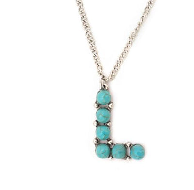 Letter "L" made of turquoise colored semi-stones on a simple chain