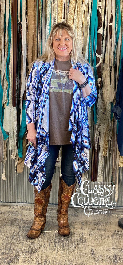 SALE- Classy Cowgirl Blue Aztec Waterfall Cardigan