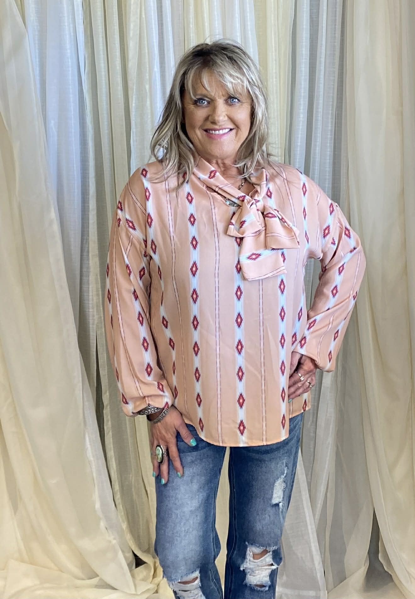 Beige Aztec Long Sleeve Top with Bow Tie
