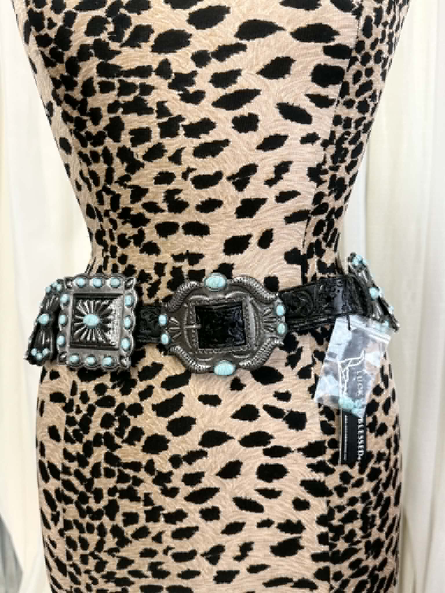 L&B Black Concho Ribbon Belt with Turquoise Stones BE-20-BL