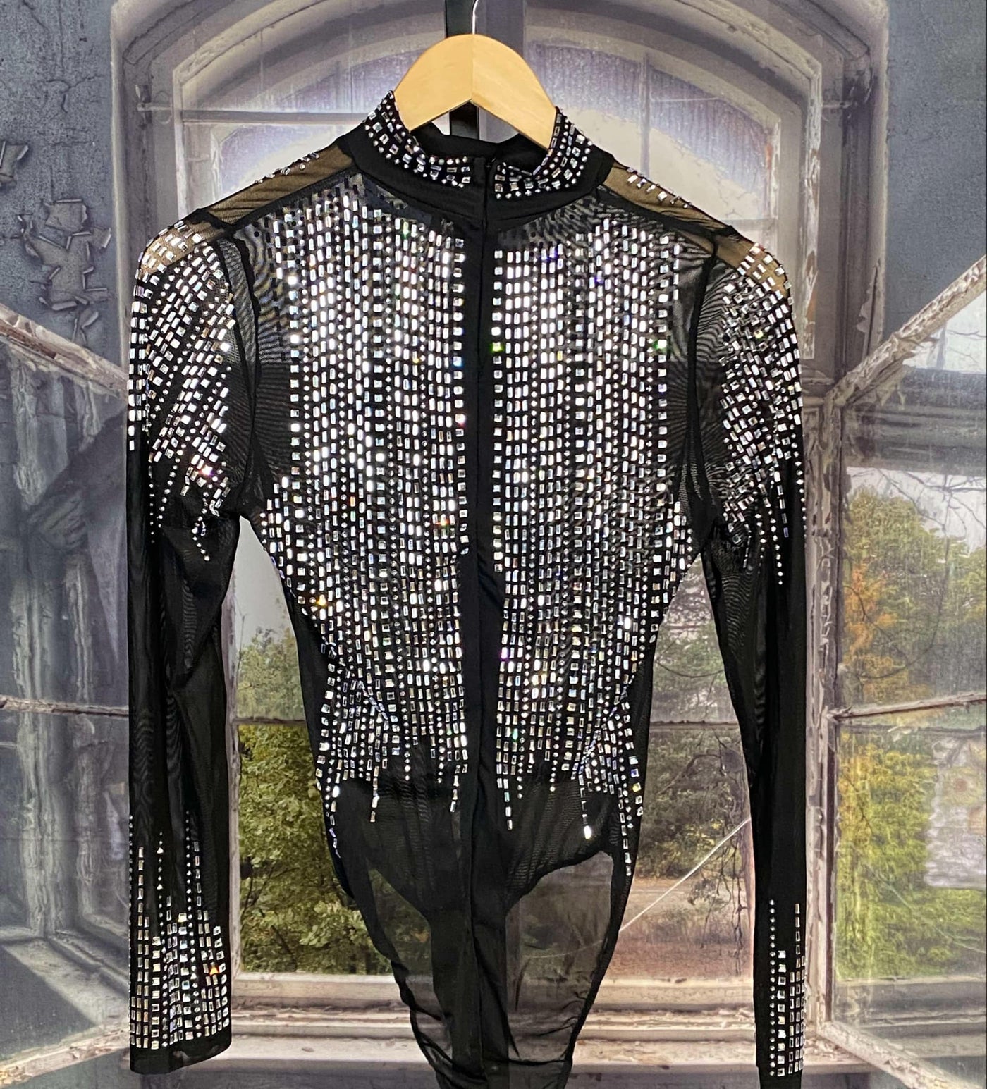 Black Mesh Rhinestone Bodysuit