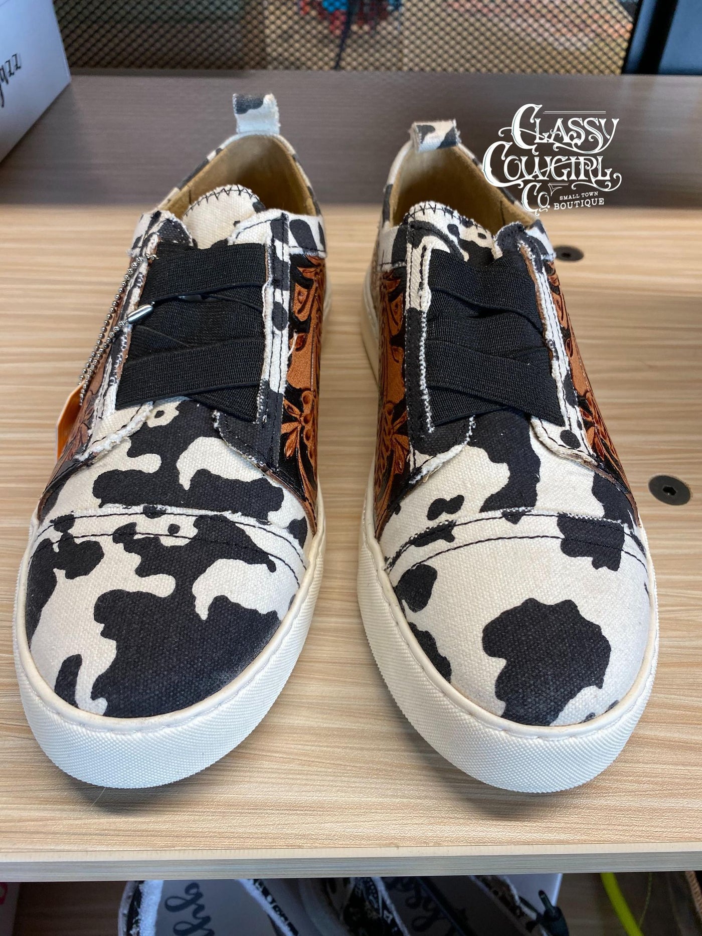 Cowprint Canvas & Tooled Leather Sneakers