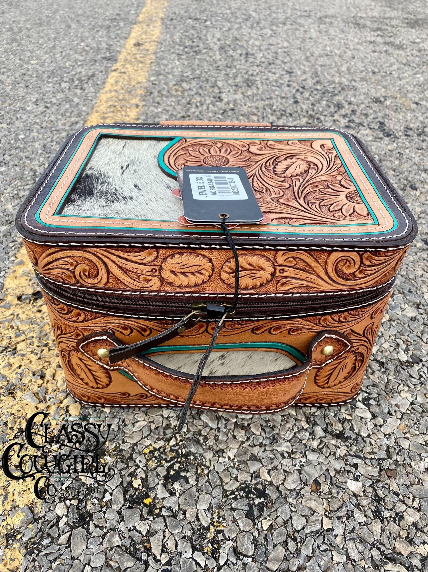 Tooled Leather Jewelry or Makeup Case with Cowhide Detail ADBGA340