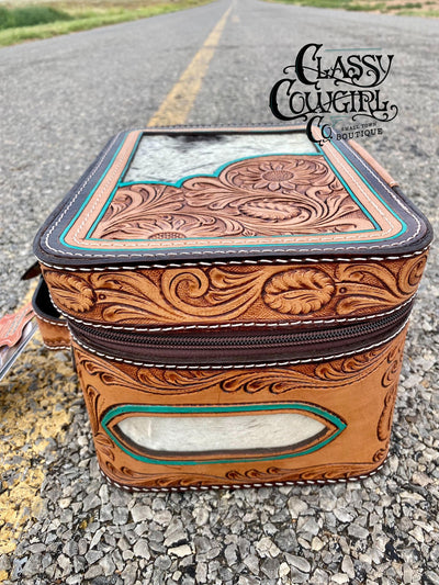 Tooled Leather Jewelry or Makeup Case with Cowhide Detail ADBGA340