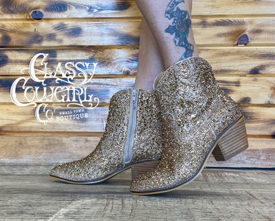 SALE Corky's Shine Bright Gold Rhinestone Booties – Classy Cowgirl Co.
