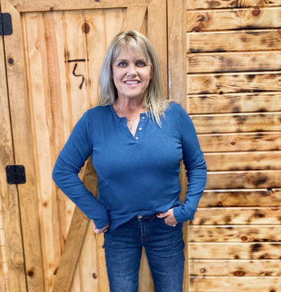 Blue Ribbed Long Sleeve Top with Concho Buttons
