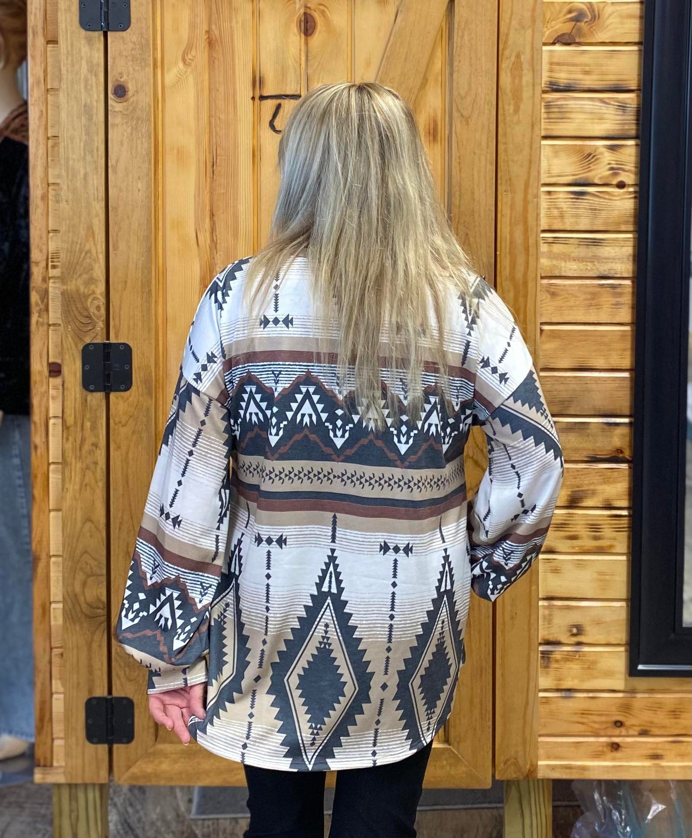 Brown Aztec Long Sleeve Top with Bubble Cuff