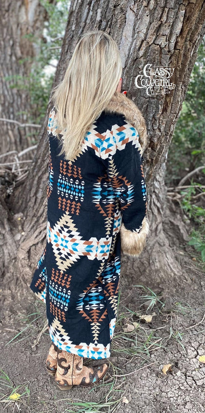 L&B Black Aztec Duster with Removable Fur