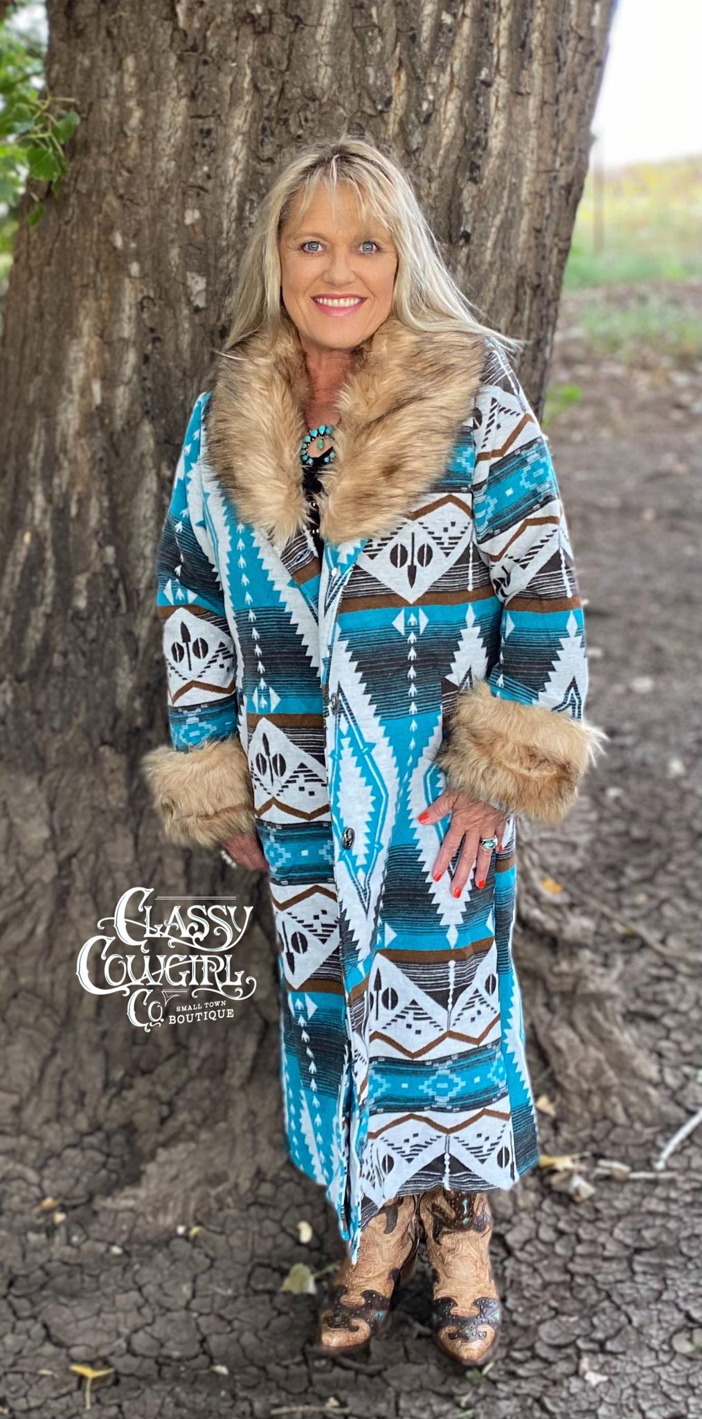 L&B Turquoise Aztec Duster with Removable Fur