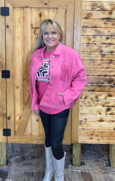 Hot Pink Denim Jacket With Fringe from Lucky & Blessed