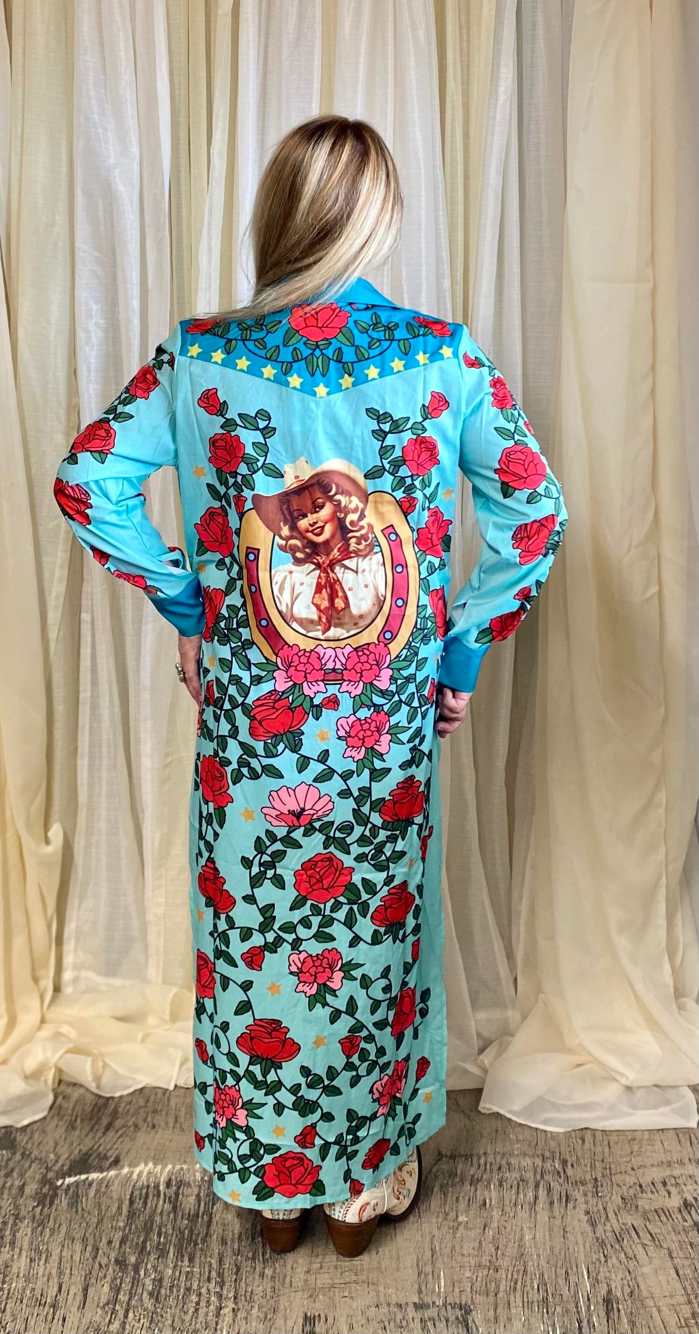 L&B Turquoise Rose Pearl Snap Dress/ Duster DR449-TUFL-X