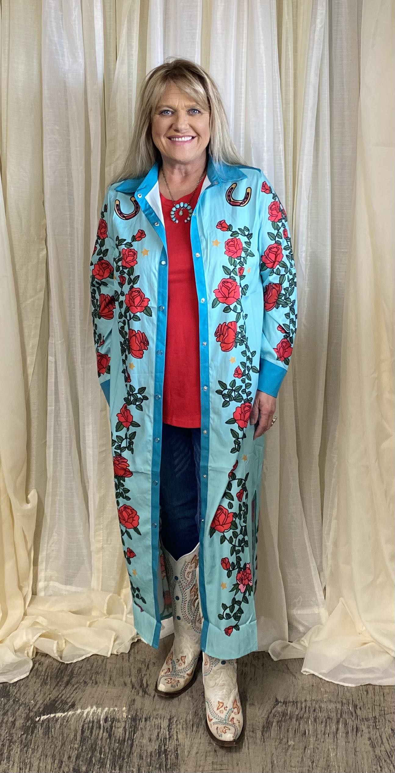 L&B Turquoise Rose Pearl Snap Dress/ Duster DR449-TUFL-X
