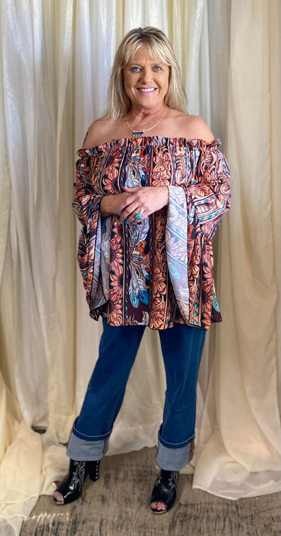 Feather & Tooled Print Chiffon On- Off Shoulder Top