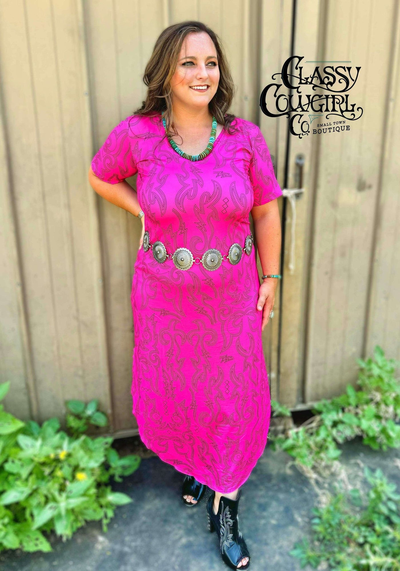 Cowgirls Like Us Pink Boot Stitch Maxi Dress