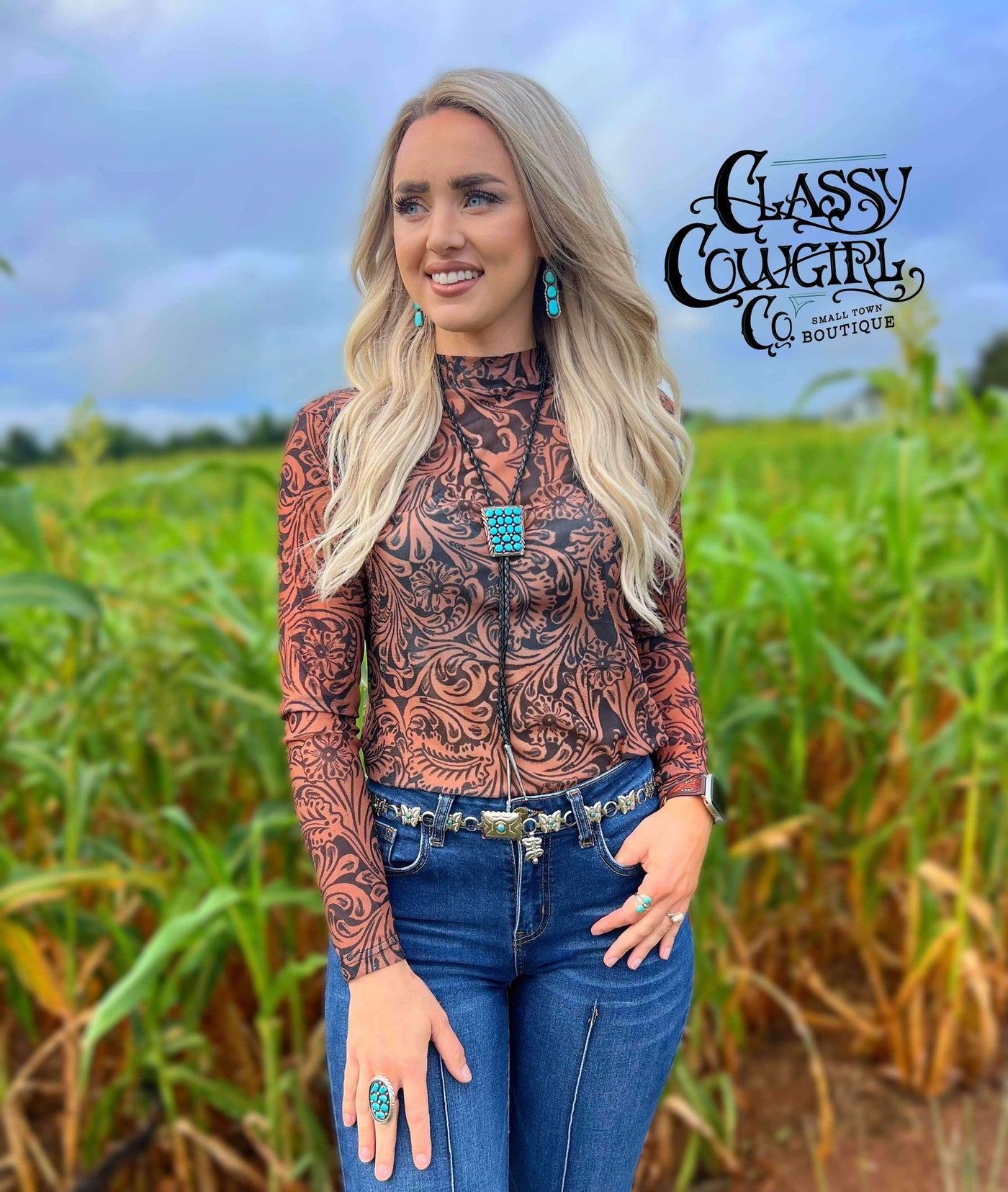 Country Road Tooled Leather Mesh Long Sleeve Top