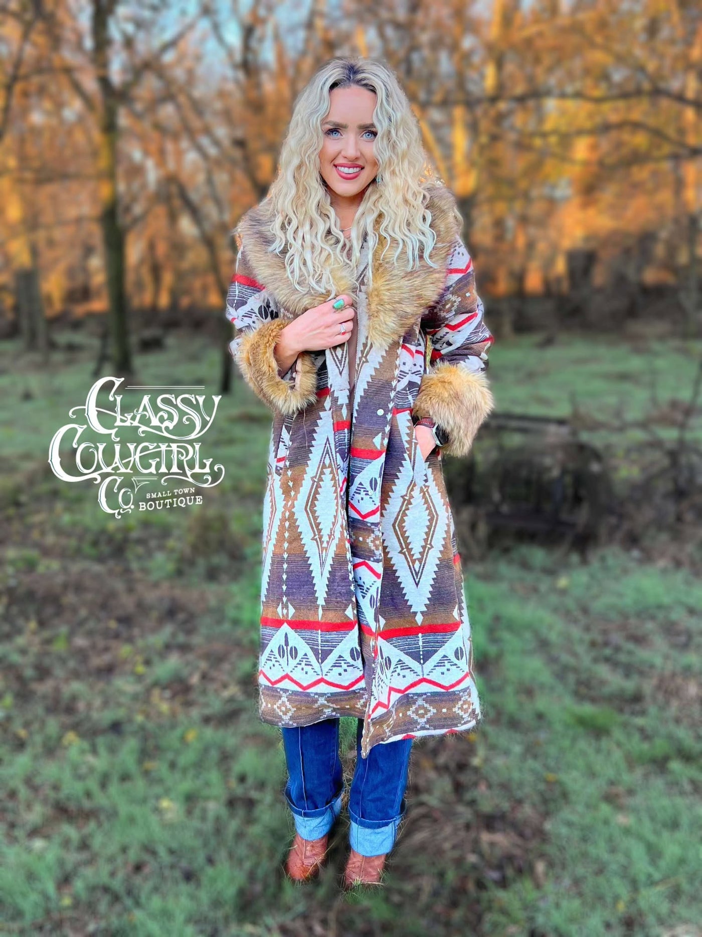 L&B Brown Aztec Duster/ Coat with Removable Fur