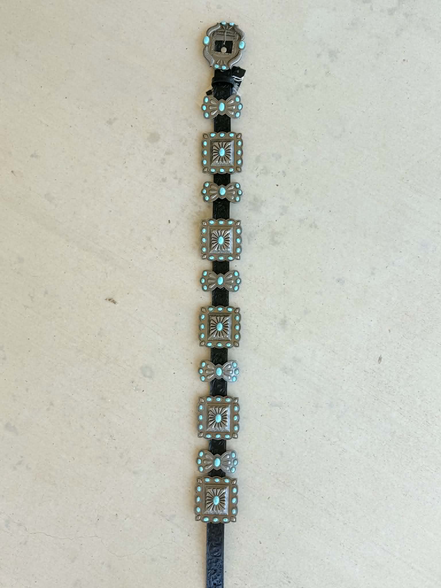 L&B Black Concho Ribbon Belt with Turquoise Stones BE-20-BL