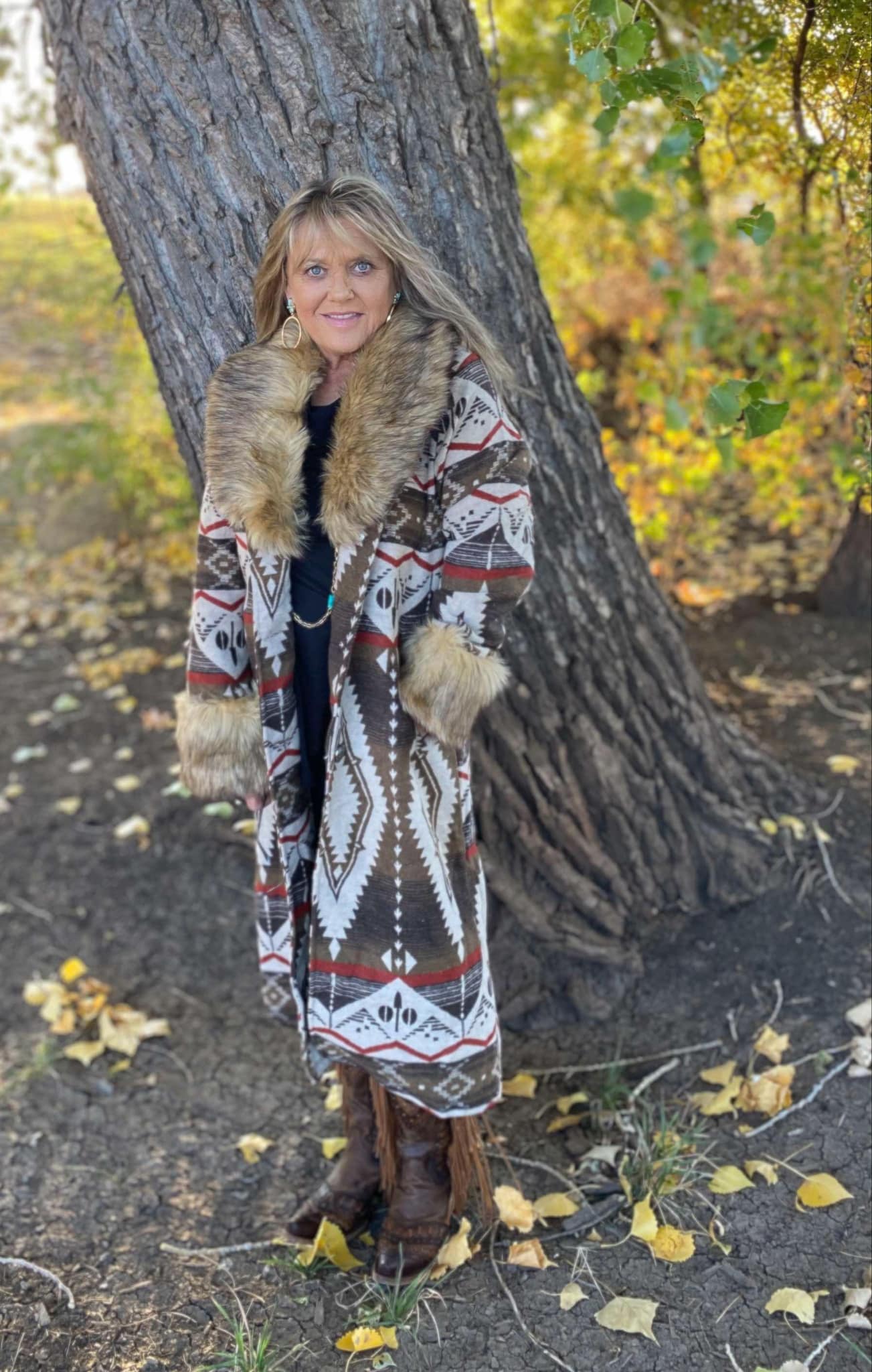 L&B Brown Aztec Duster/ Coat with Removable Fur