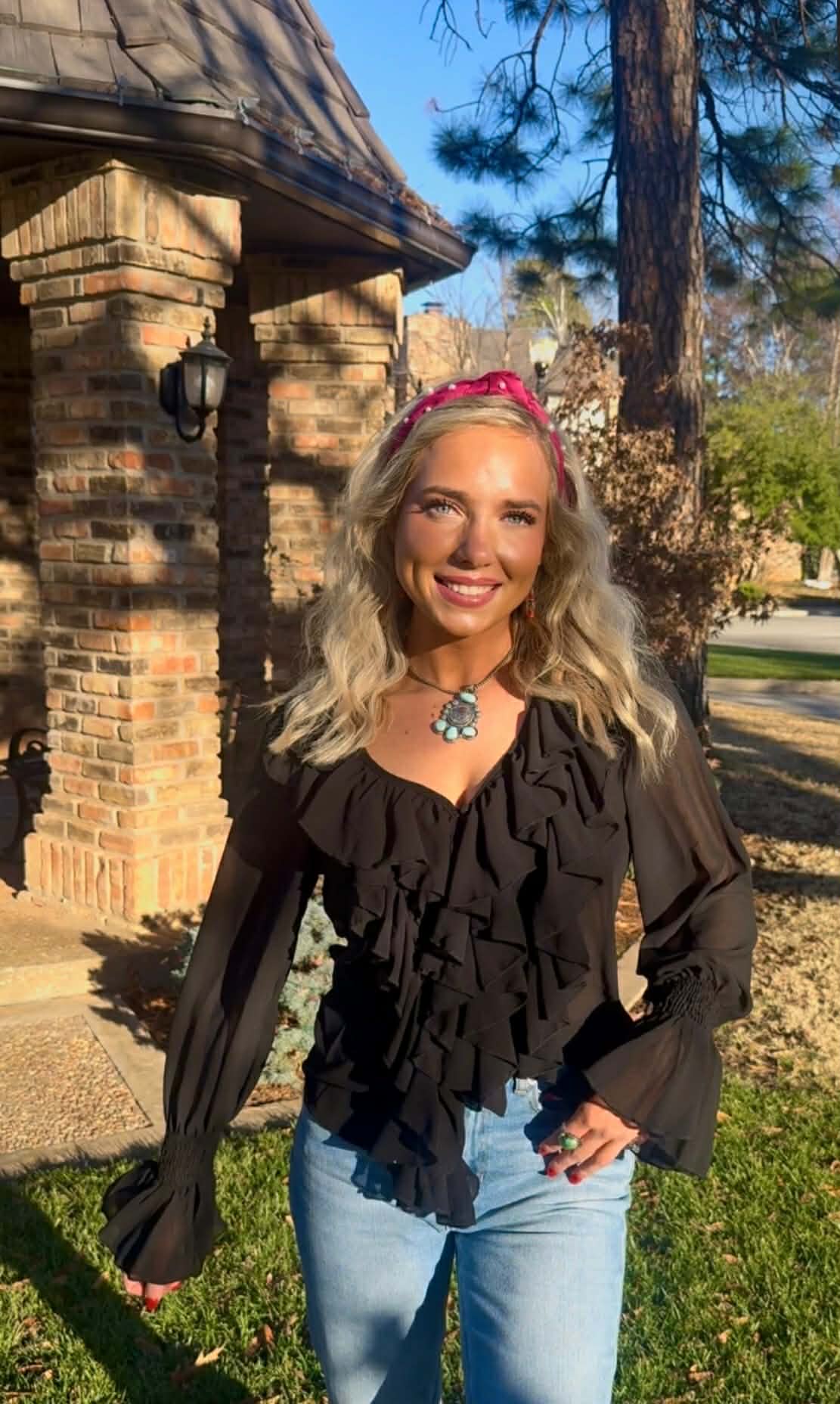 L&B Black Western  Chiffon Ruffle Top