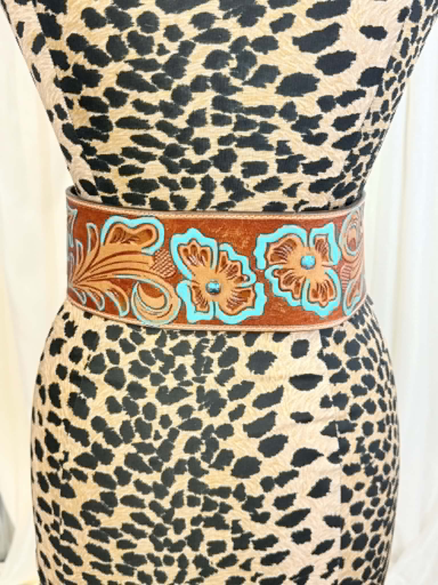 L&B Wide Leather Belt - Brown with Turquoise Detail and Stones
