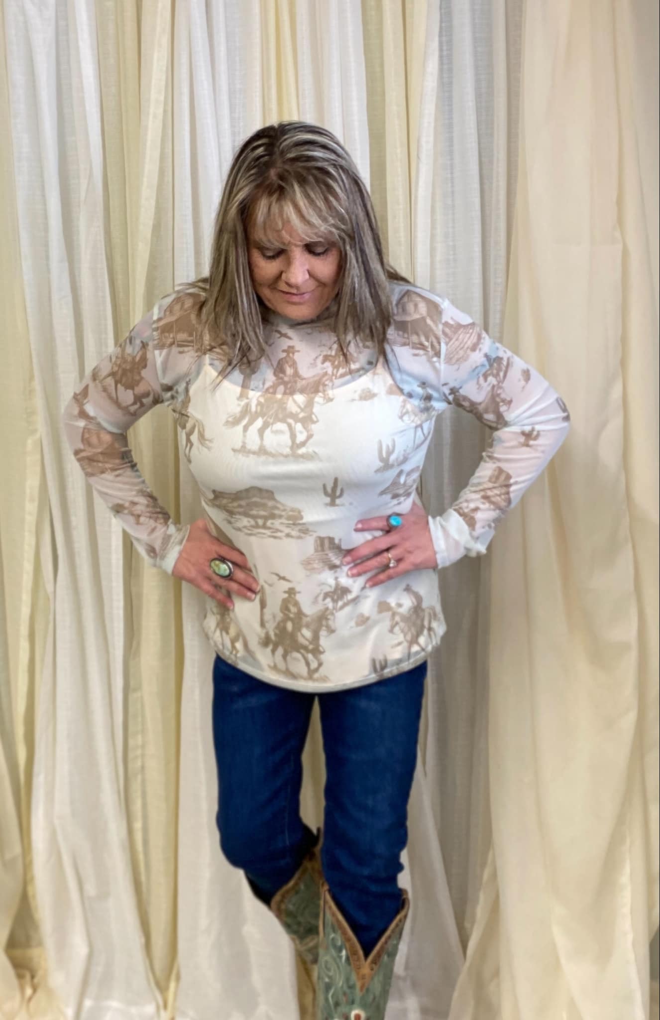 L&B Western Desert Print Mesh Top