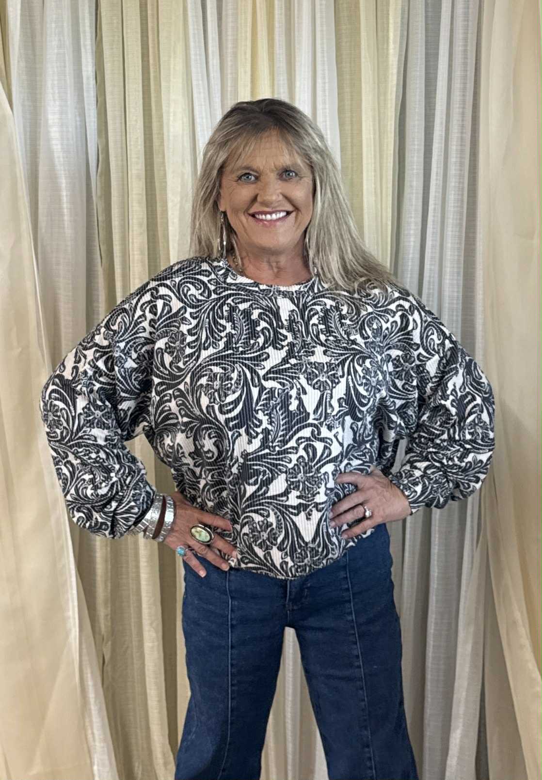 Sterling Kreek Tooled In Love Ribbed Long Sleeve Top