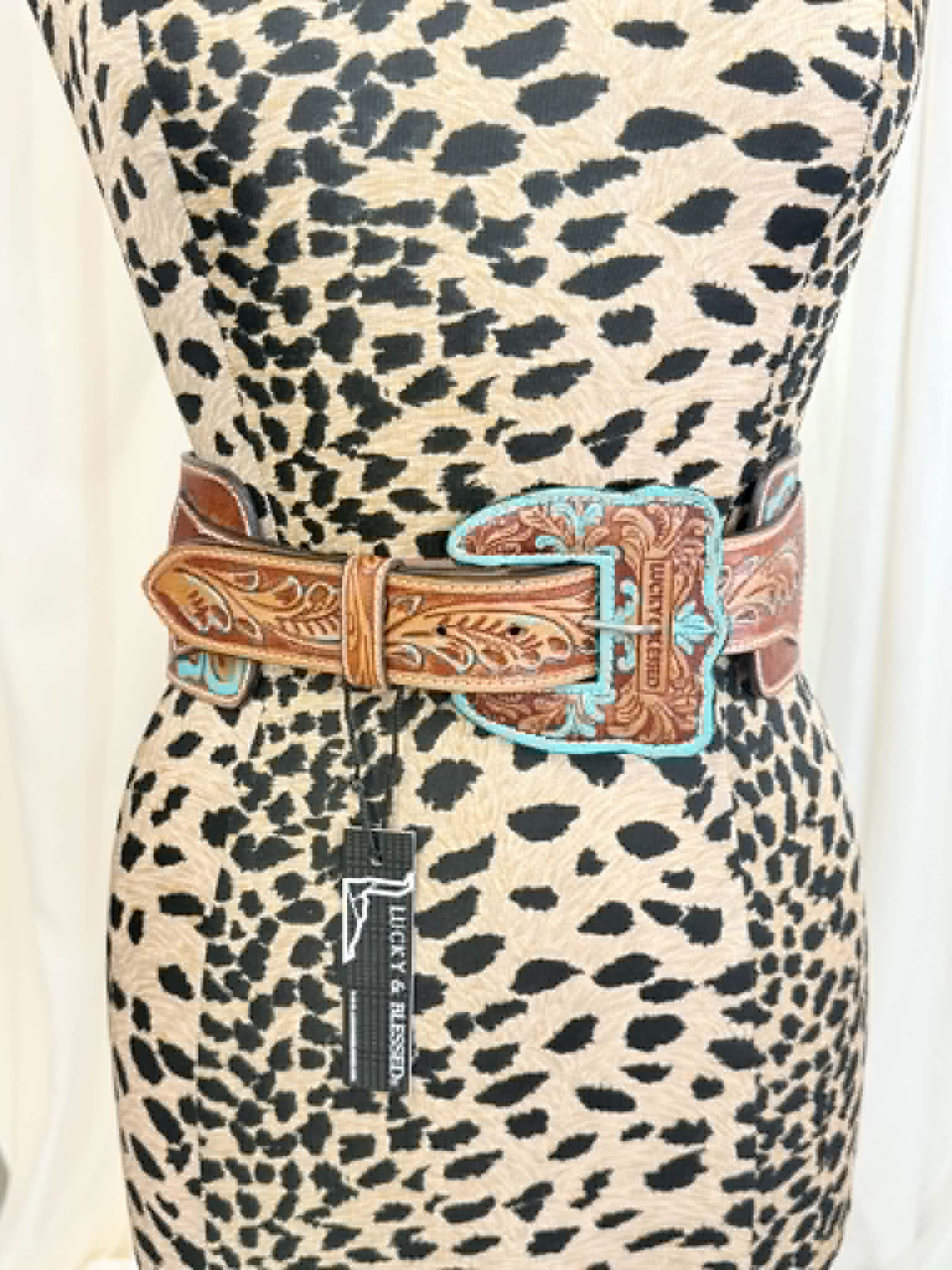 L&B Wide Leather Belt - Brown with Turquoise Detail and Stones