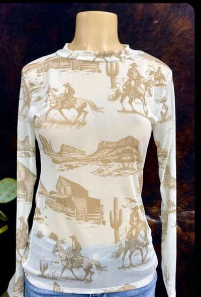 L&B Western Desert Print Mesh Top