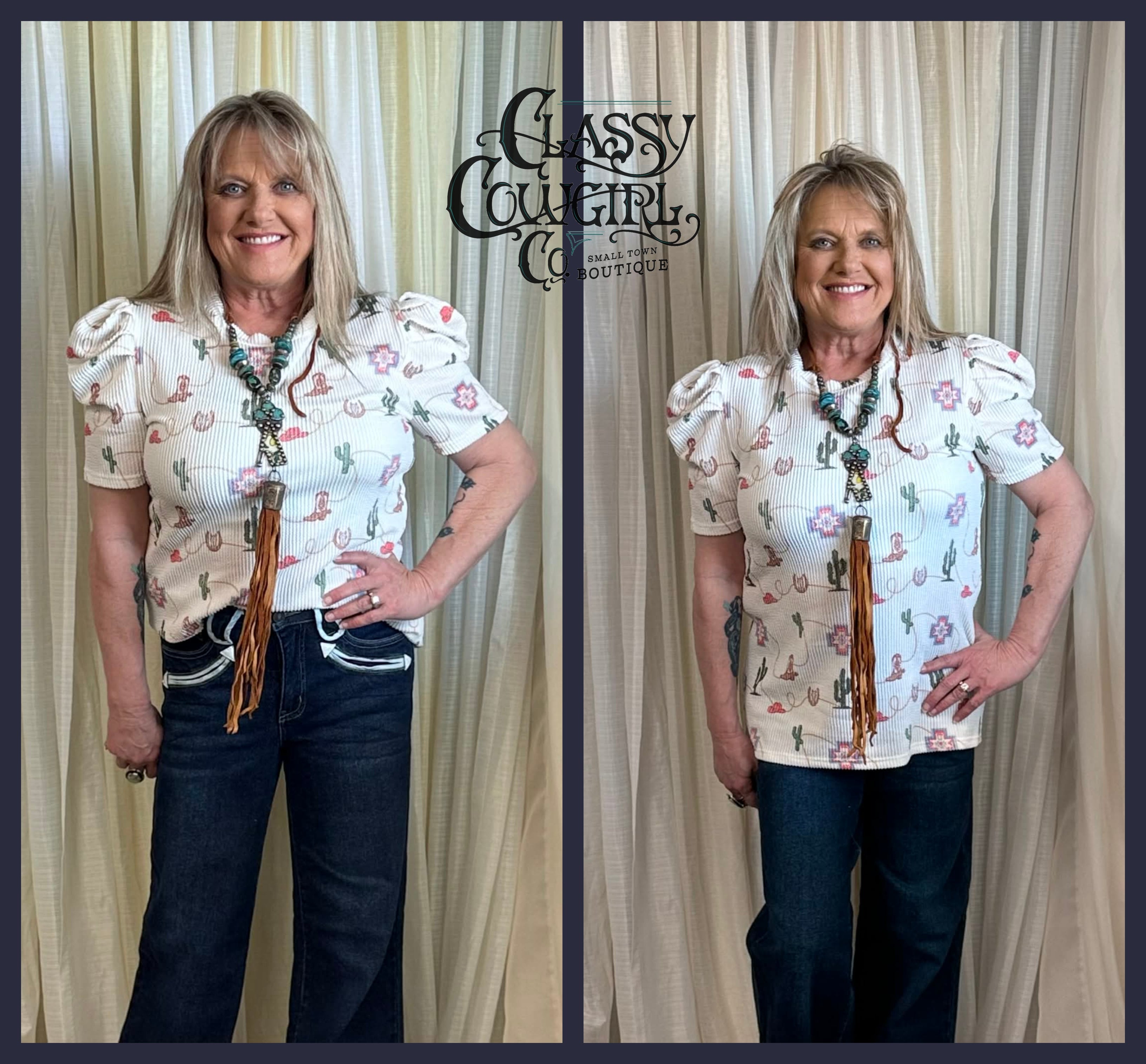 L&B Western Print Ribbed Top