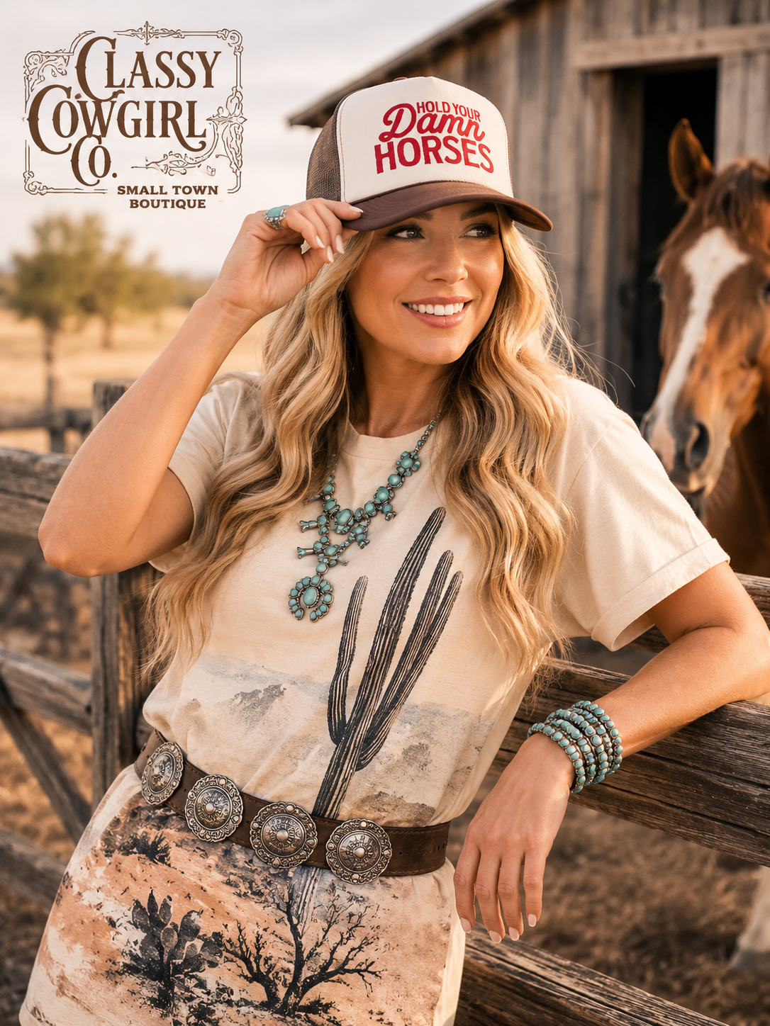Hold Your Damn Horses DTF Printed Brown and Tan Trucker Hat