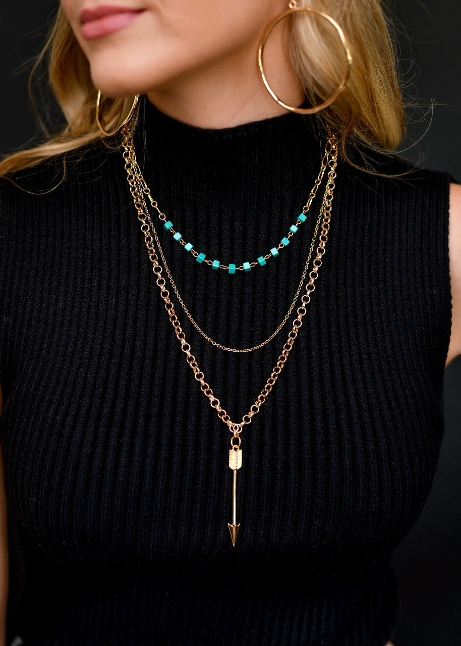 West & Co 3 Strand Gold Chain Necklace with Turquoise Accents and Arrow Pendant N1292G