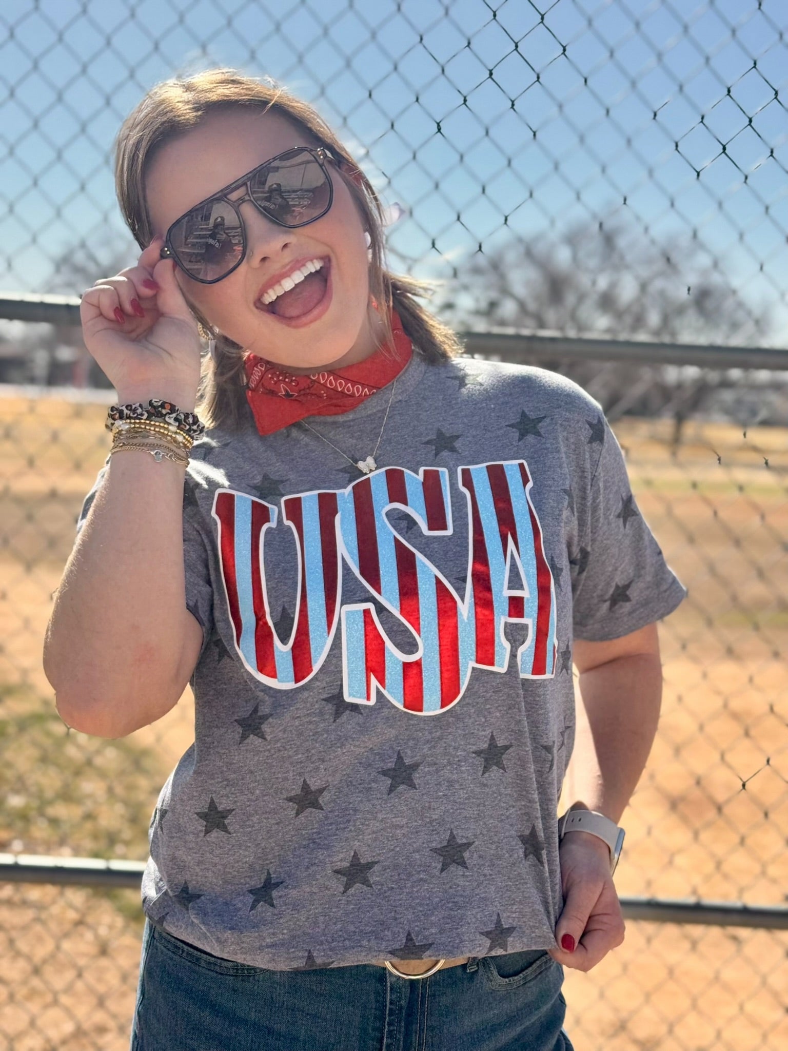 Striped USA in Glitter & Metallic Puff Tee