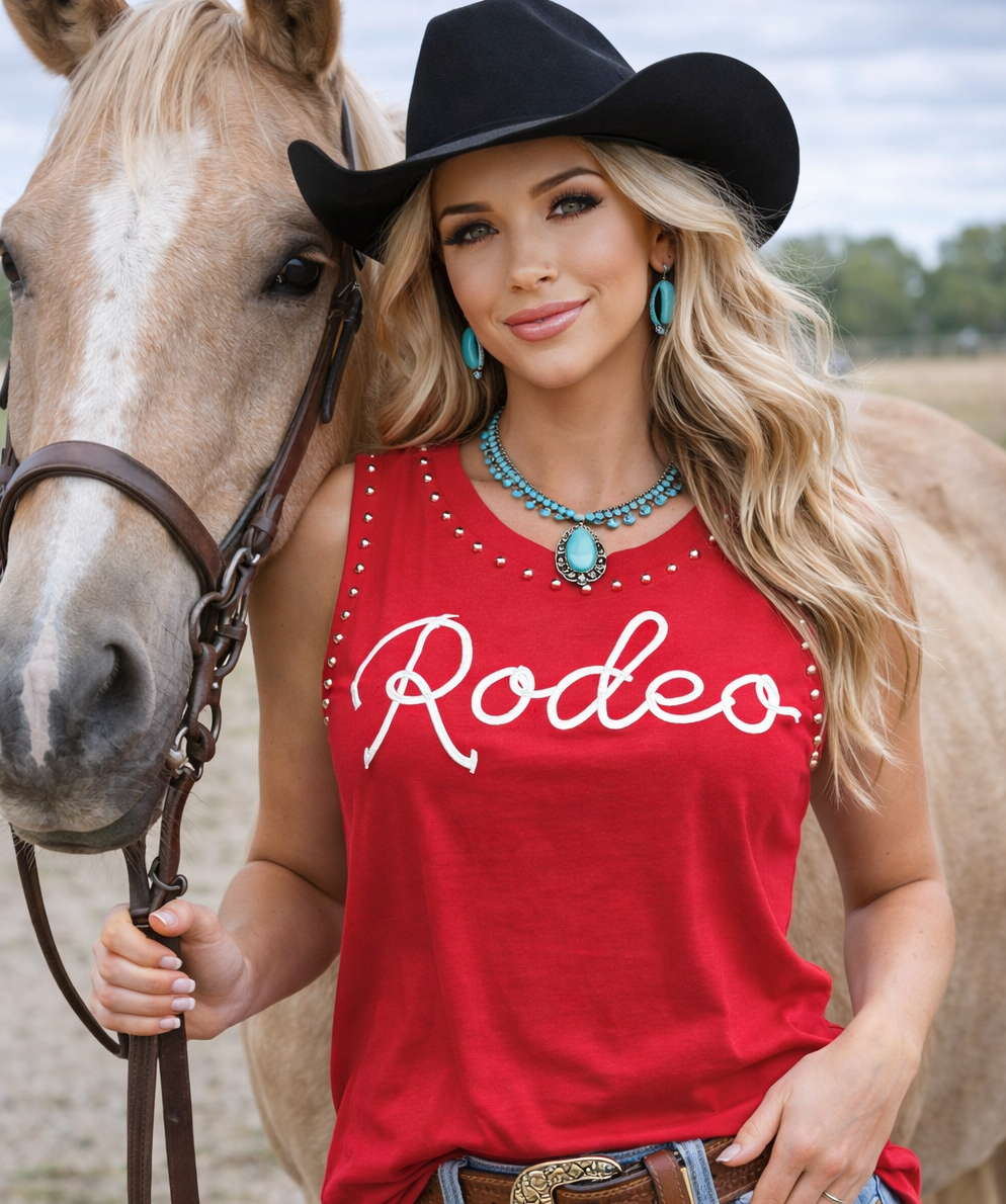 Rodeo Red Studded Tank Top – Western “Rodeo” Graphic Sleeveless Tee