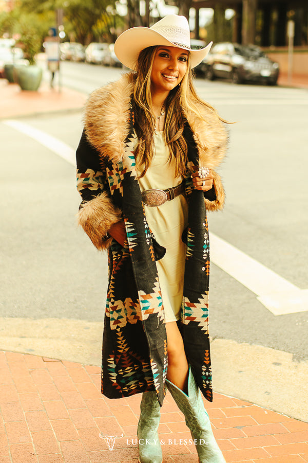 L&B Black Aztec Duster/ Coat with Removable Fur