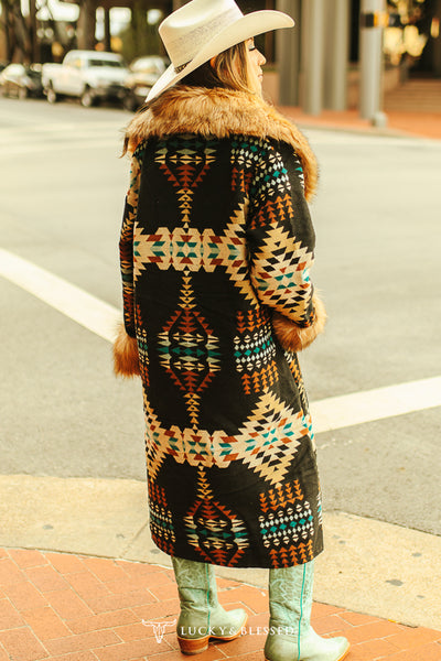 L&B Black Aztec Duster/ Coat with Removable Fur