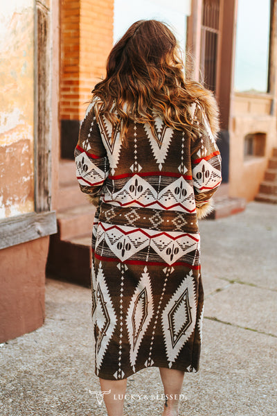 L&B Brown Aztec Duster/ Coat with Removable Fur