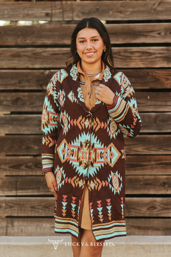 Brown & Turquoise Knitted Cardigan
