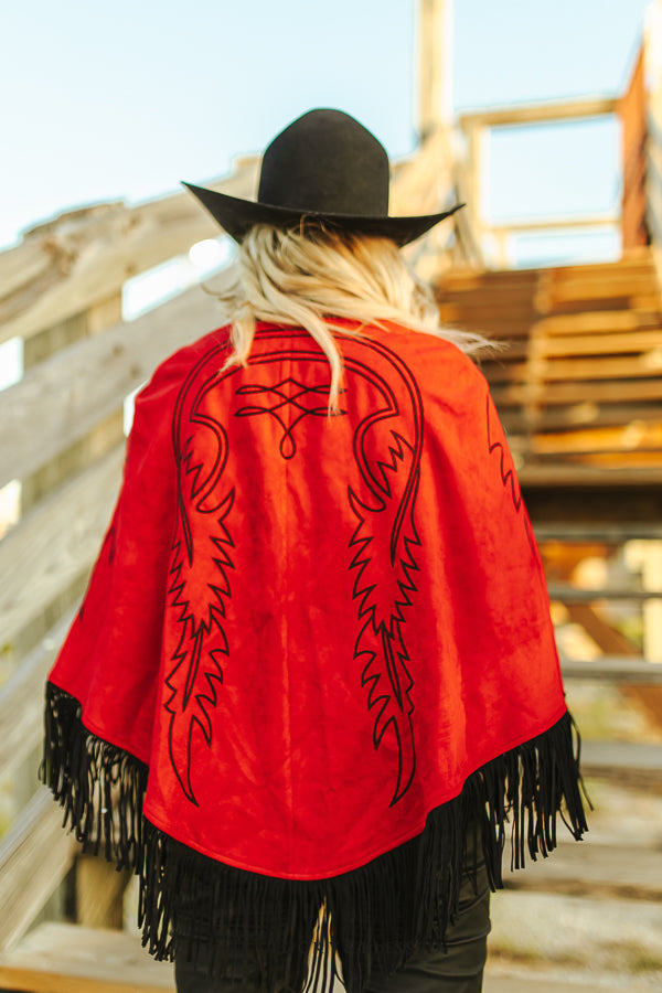 Red Boot Stitch Embroidered Cape with Fringe