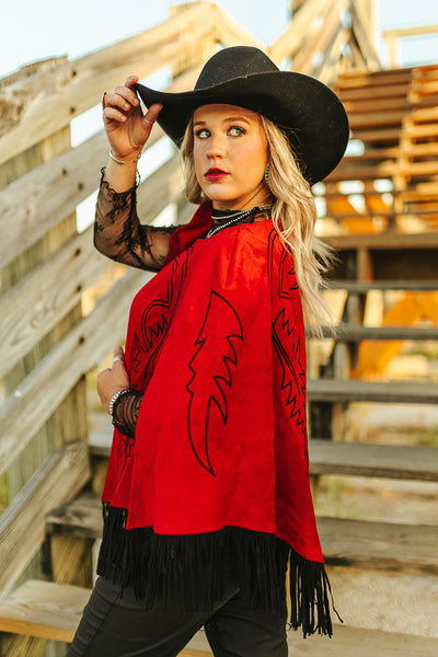 Red Boot Stitch Embroidered Cape with Fringe