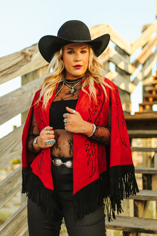 Red Boot Stitch Embroidered Cape with Fringe