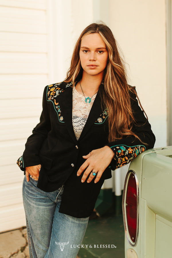 L&B Lucky Embroidered Western Blazer- Black